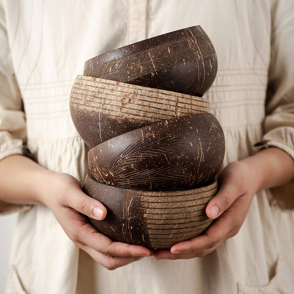 Patterned Coconut Bowls & Spoons | Set of 4 | Jungle Culture