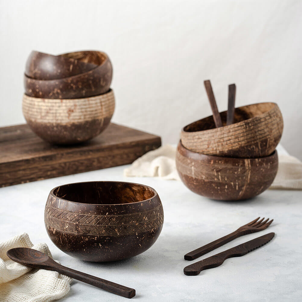 Patterned Coconut Bowls & Spoons | Set of 4 | Jungle Culture