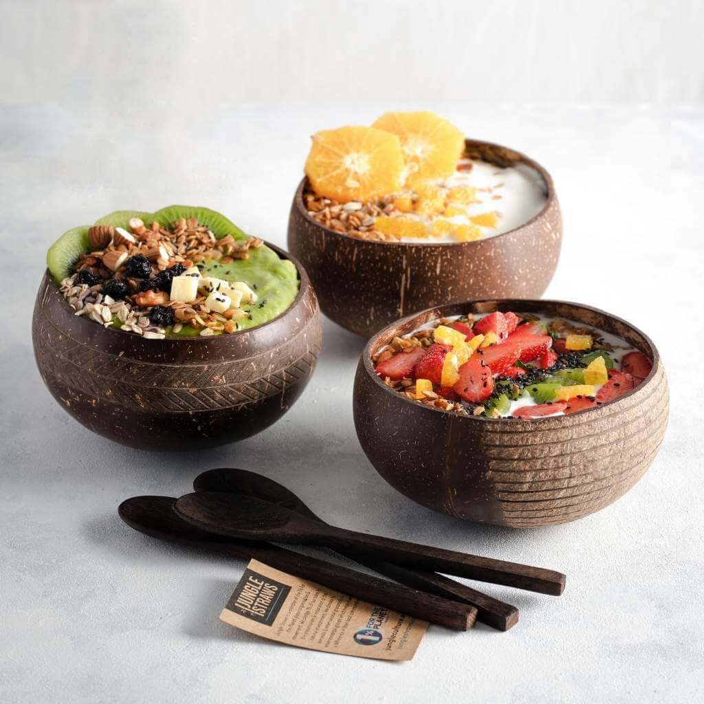 Patterned Coconut Bowls & Spoons | Set of 4 | Jungle Culture