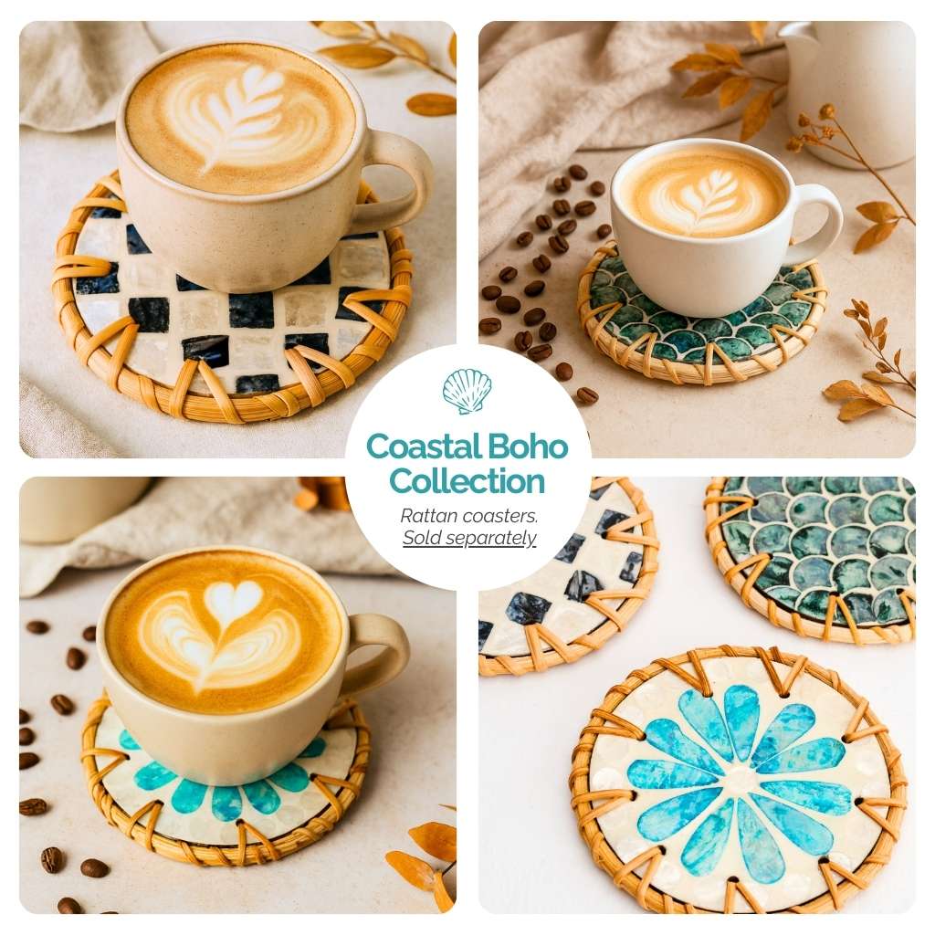 Rattan & Mother of Pearl Coaster Set | 6 Piece + Holder | Cascade