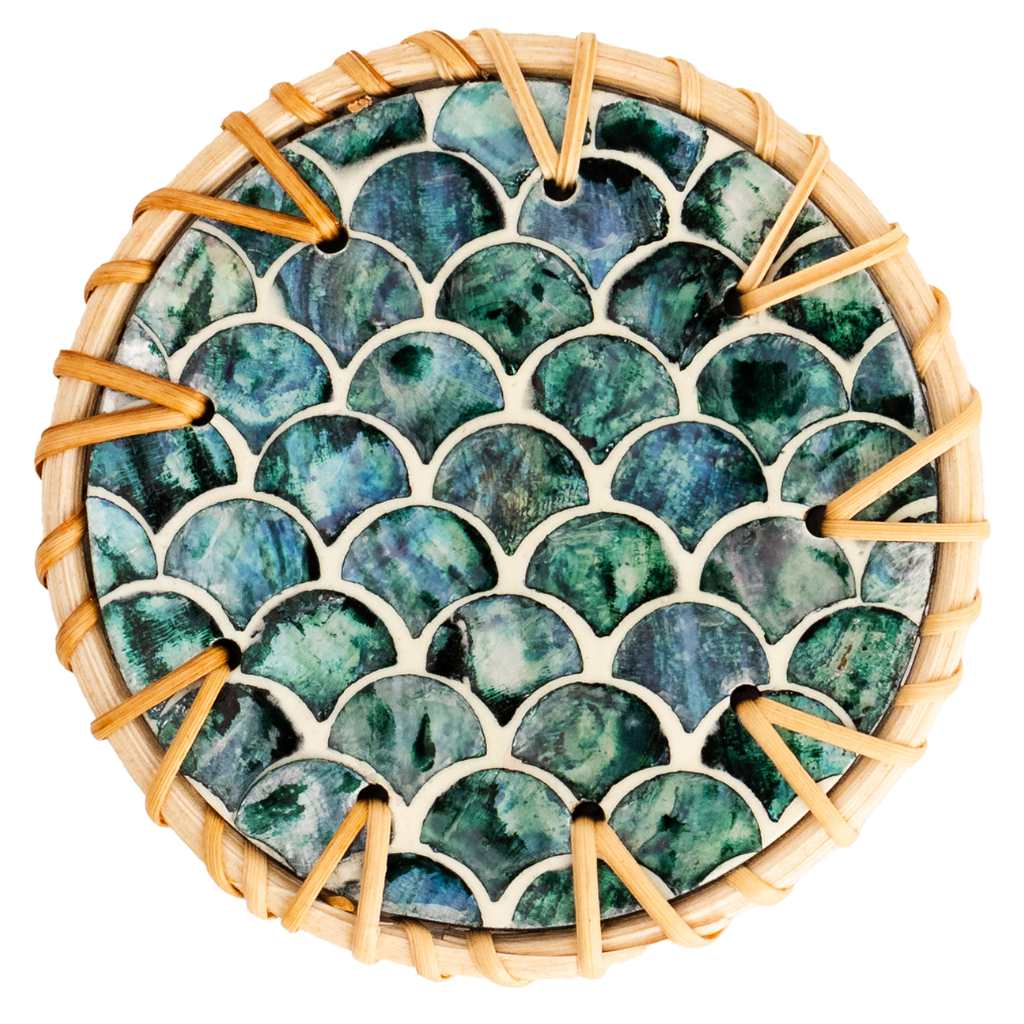 Rattan & Mother of Pearl Coaster Set | 6 Piece + Holder | Cascade