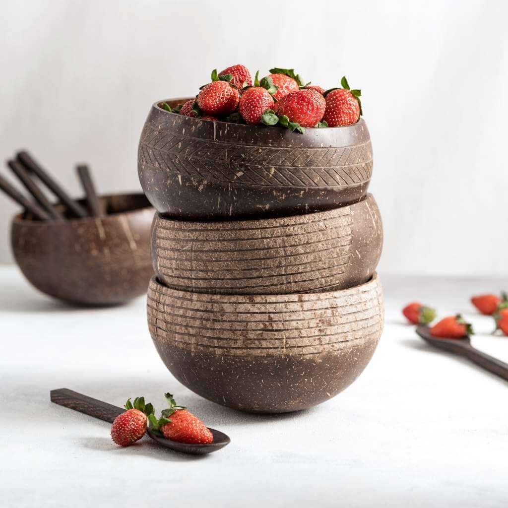 Patterned Coconut Bowls & Spoons | Set of 4 | Jungle Culture
