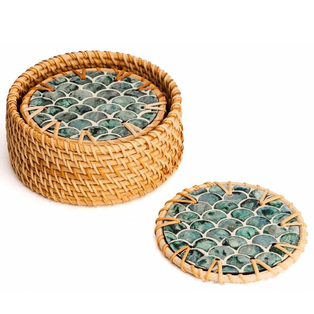 Rattan & Mother of Pearl Coaster Set | 6 Piece + Holder | Cascade