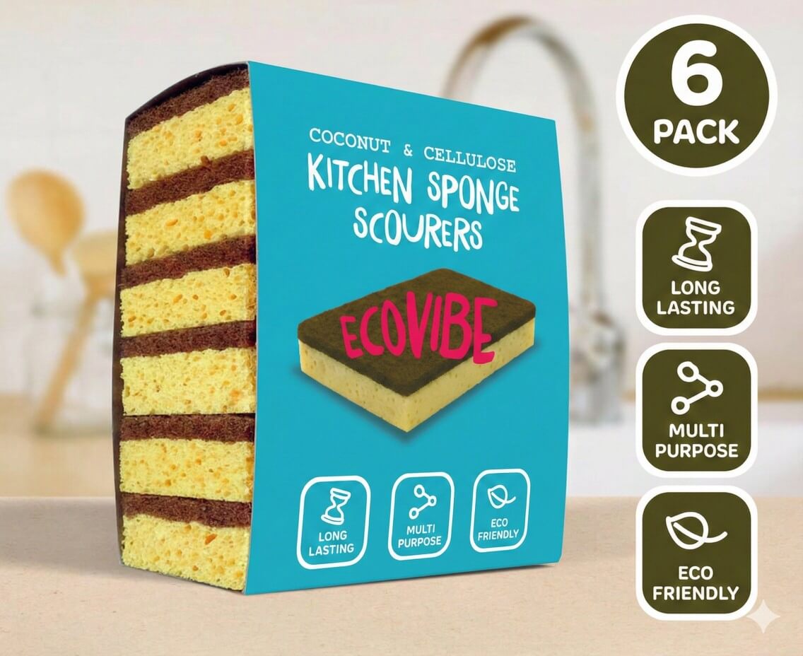 Natural Coconut & Cellulose Sponge Scourers | Pack 6, 18 or 36 | Compostable & Biodegradable