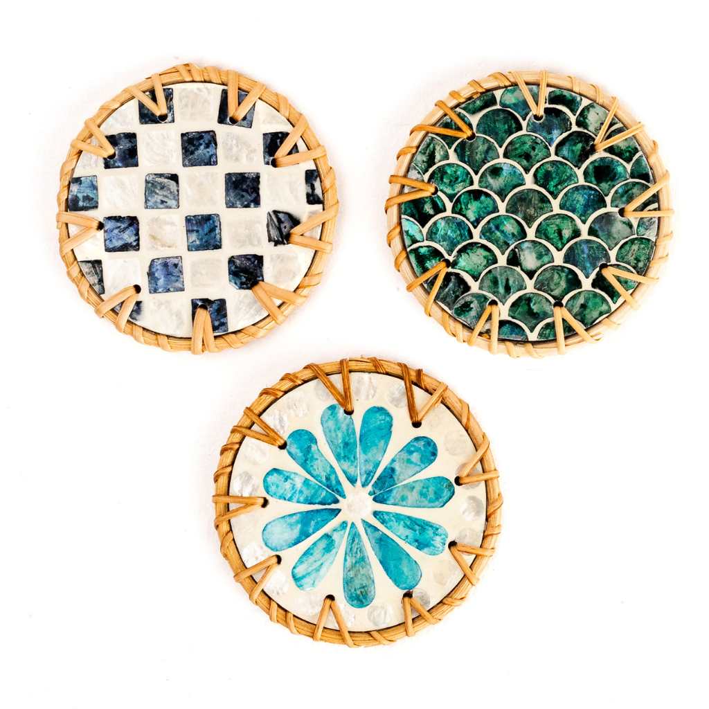 Rattan & Mother of Pearl Coaster Set | 6 Piece + Holder | Cascade