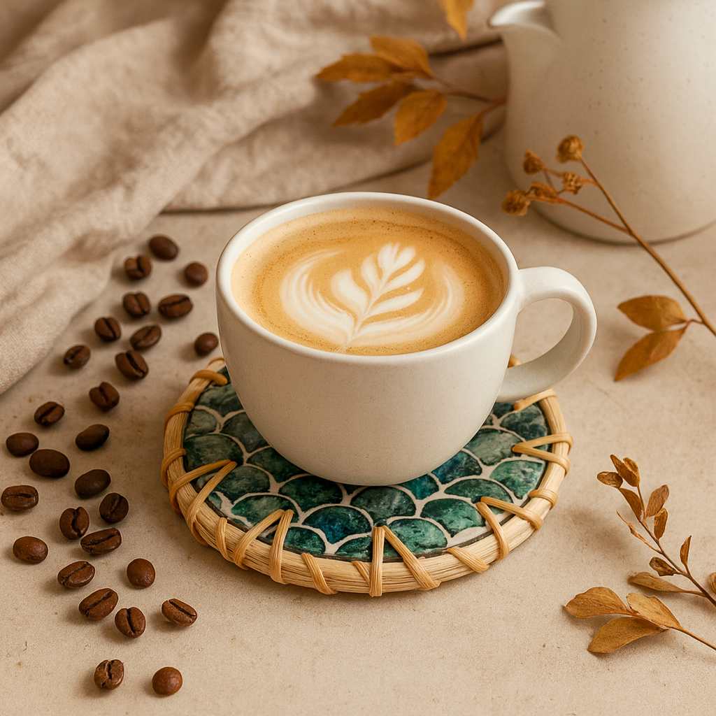 Rattan & Mother of Pearl Coaster Set | 6 Piece + Holder | Cascade